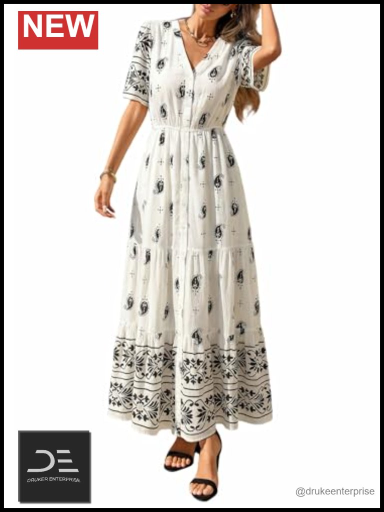 Boho Maxi Dress Short Sleeve V-Neck Flowy Floral With Pockets